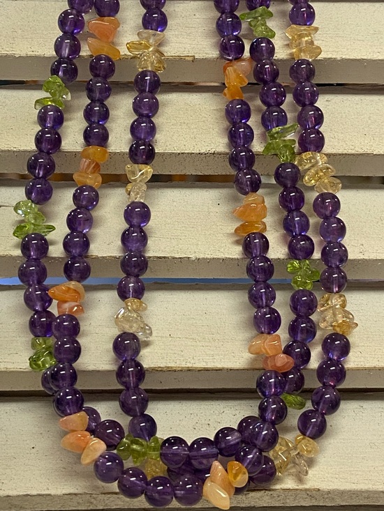 Jewelry - 3 Strand Amethyst Peridot Citrine Carnelian Necklace with Sterling Clasp